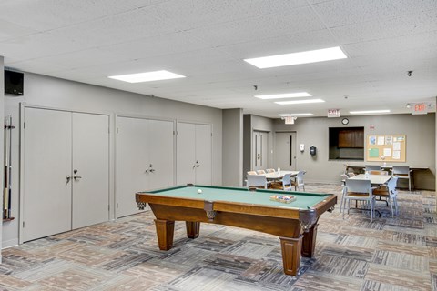 A pool table in a room with a carpeted floor and white walls.