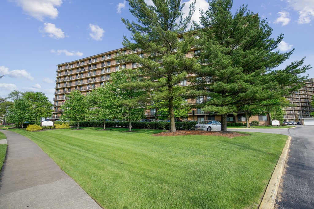 A large tree in front of a multi-story apartment building at Independence Place Apartments, Parma Heights, OH