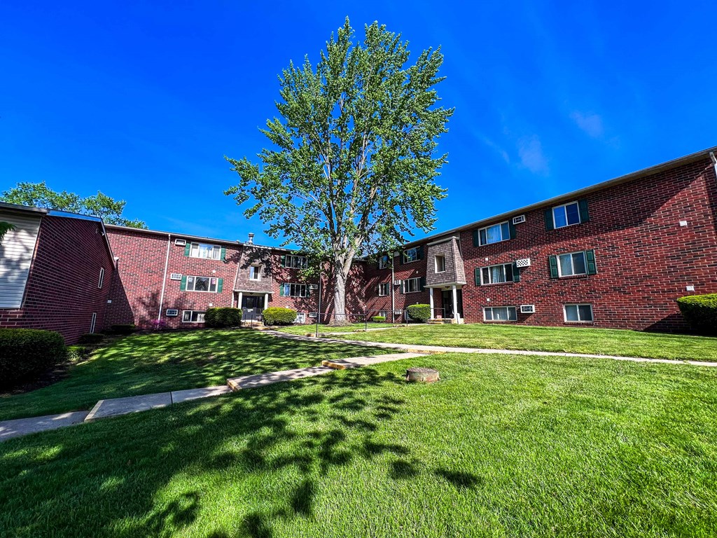 Brick apartment building with a large tree and sidewalks in front of it