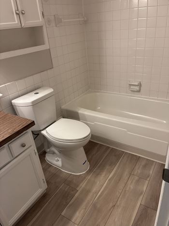 A white toilet sits next to a bathtub in a bathroom.