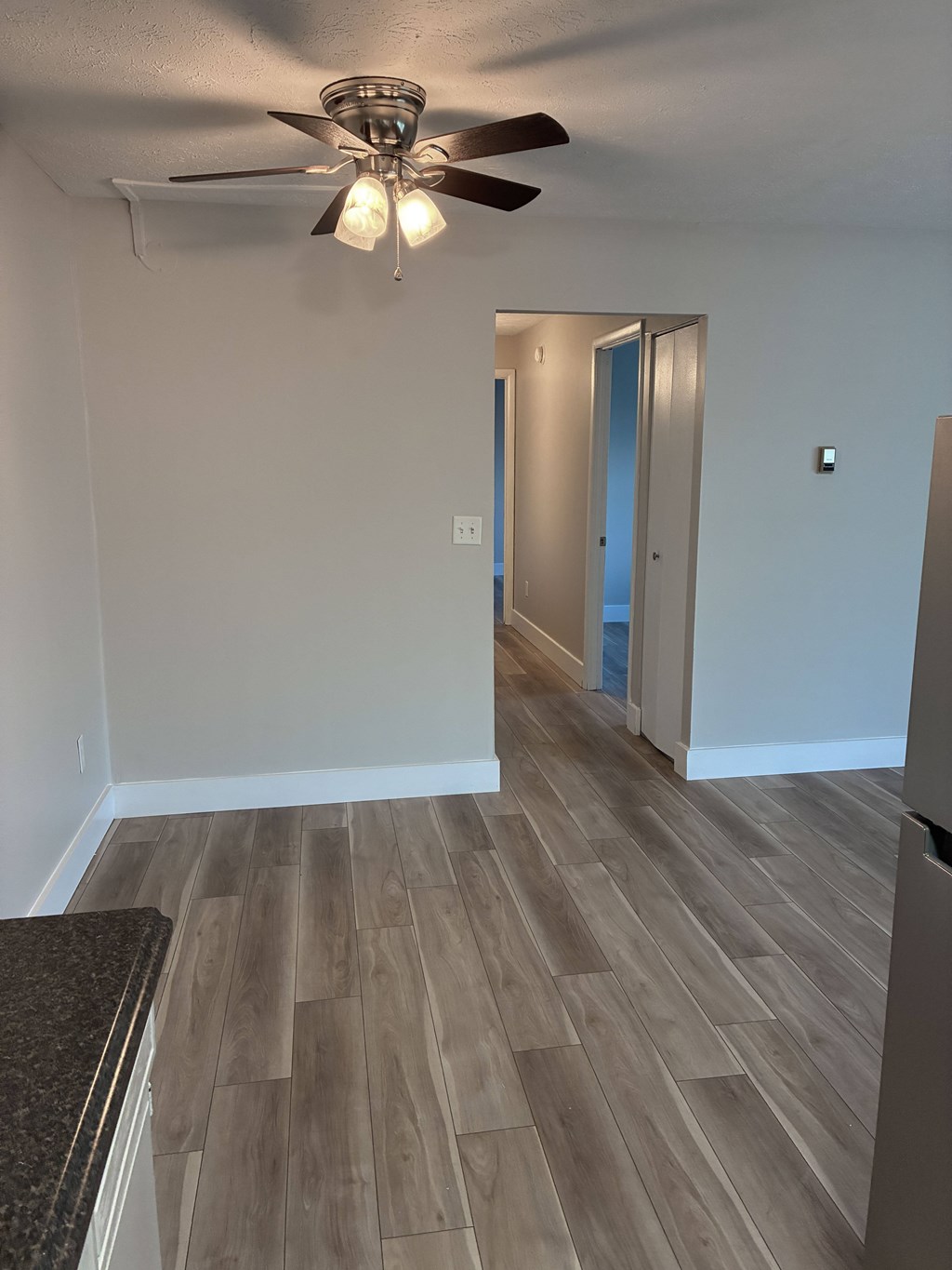 A room with a ceiling fan and light fixture.