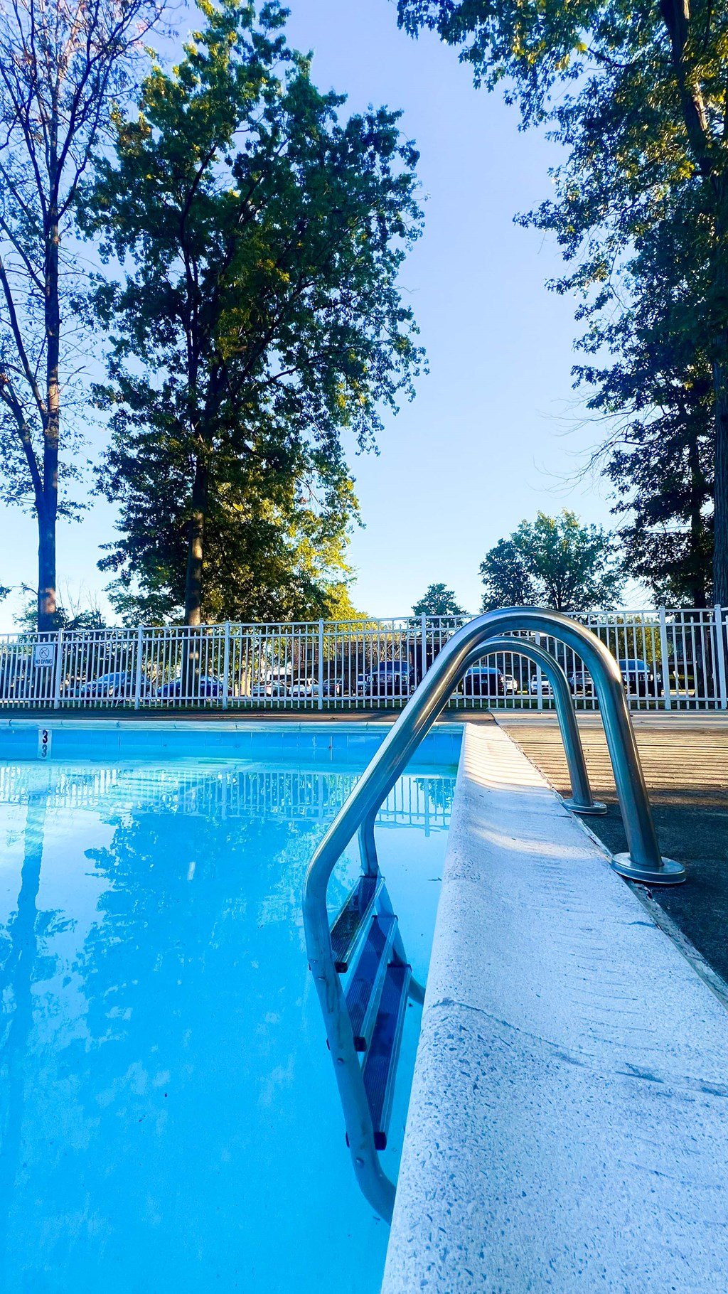 A pool with a metal ladder leading into the water.