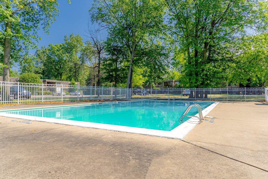 A small pool surrounded by a fence and trees.