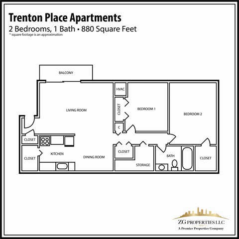 2 Bedroom 1 Bath 880 Sq Ft Floor Plan at Trenton Place Apartments, Ohio