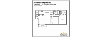 a floor plan of two bedrooms and baths with a bathroom and a terrace