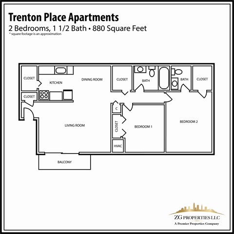2 Bedroom 1.5 Bath 880 Sq Ft Floor Plan at Trenton Place Apartments, Ohio