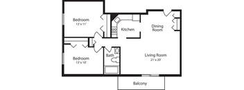 Two Bedroom One Bathroom 900 SF Floor Plan at Hummingbird Pointe & The Gardens, Parma, Ohio