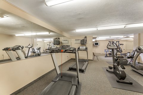 A gym with treadmills, elliptical machines, and other exercise equipment.