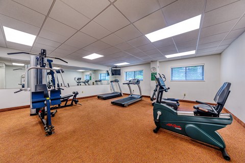 spacious gym with exercise equipment at the district at highland village apartments