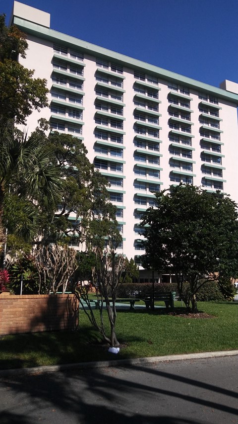 a tall building with a park in front of it