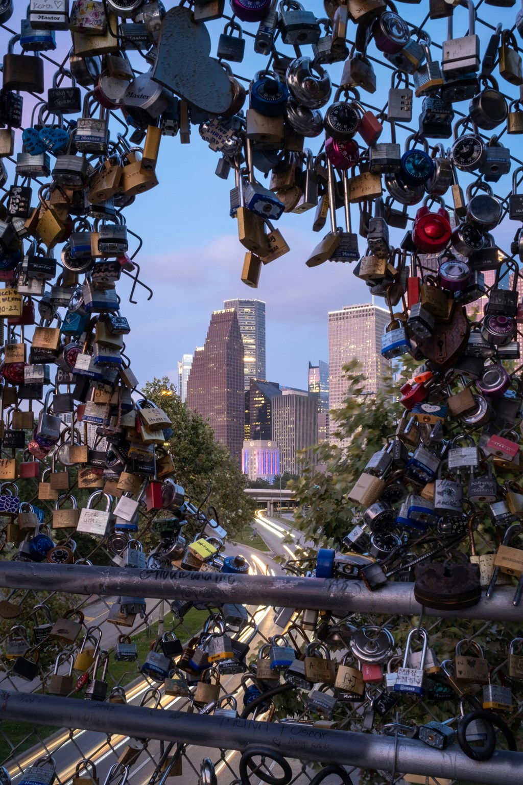 the city is seen through a bunch of locks on a fence