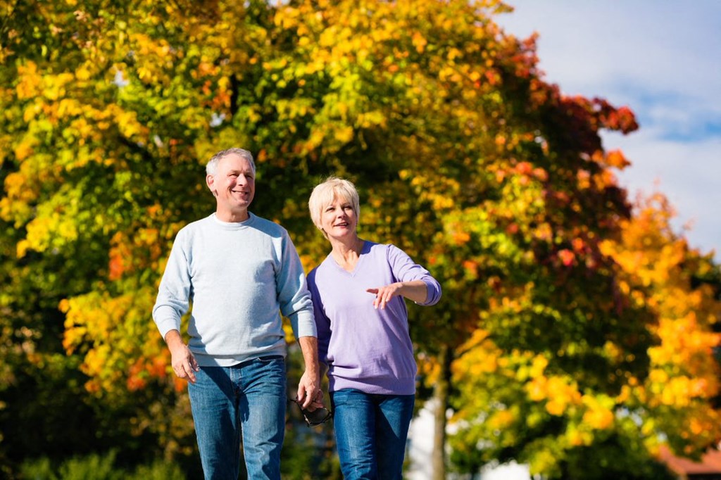 Senior couple walking in park