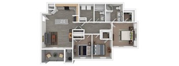 A detailed 3D floor plan of a 3 bedroom apartment showing all rooms and their layouts.