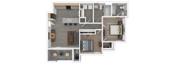A floor plan of a house with a kitchen, living room, dining room, and bathroom.