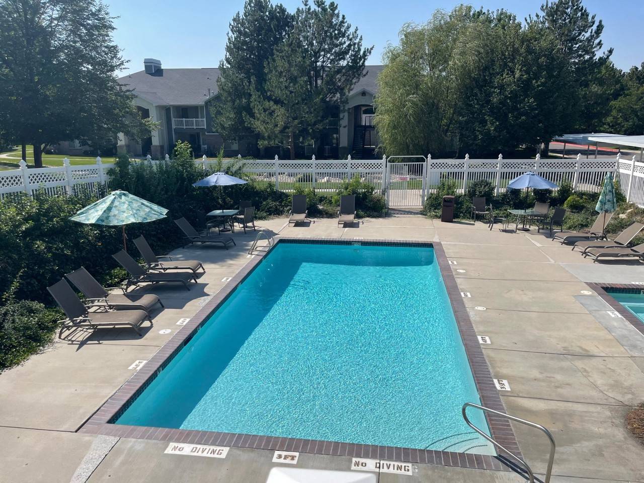 A swimming pool surrounded by a white fence and trees.
