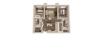 A top-down view of a small apartment with a kitchen, living room, and bathroom.