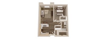 A 3D image of a house layout with a kitchen, living room, and bathroom.
