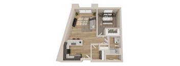 A 3D floor plan of a house with a kitchen, living room, and bedrooms.