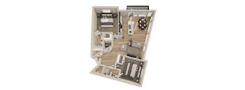 A 3D floor plan of a house with a kitchen, living room, dining room, and bedrooms.