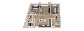 A floor plan of a house with a living room, kitchen, dining room, and bathroom.