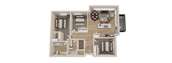 A 3D floor plan of a house showing a kitchen, living room, and two bedrooms.