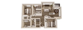 A 3D image of a house layout with multiple rooms.