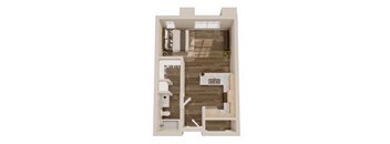 A small white house with a wood panelled interior.