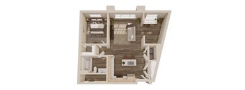 A top-down view of a two-bedroom apartment with a living room and kitchen area.