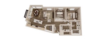 A 3D floor plan of a house with a kitchen, living room, and bathrooms.
