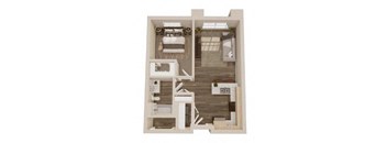 A 3D floor plan of a small apartment with a bedroom, living room, and kitchen.