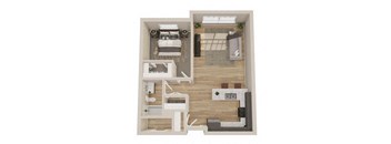 A top-down view of a small apartment with a bedroom, living room, and kitchen.