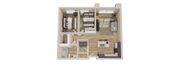 A 3D floor plan of a small apartment with two bedrooms and a living area.