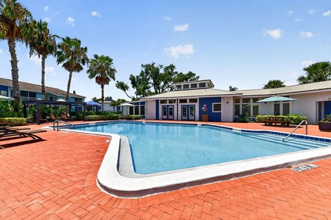 A swimming pool surrounded by palm trees and a building.