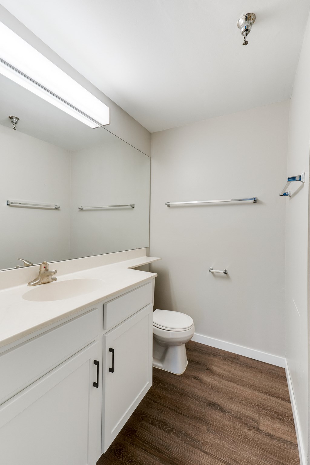 Bathroom with Hardwood Style Flooring and Upgraded Hardware