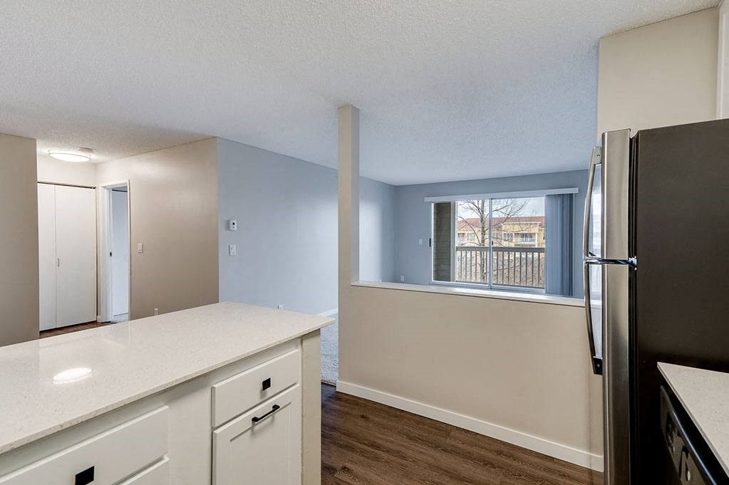 Kitchen Overlooking the Living Room with Grey Walls