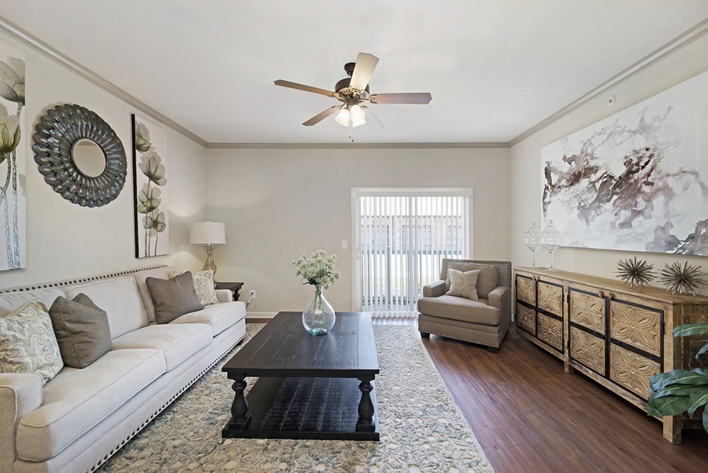 Spacious Living Area with Ceiling Fan