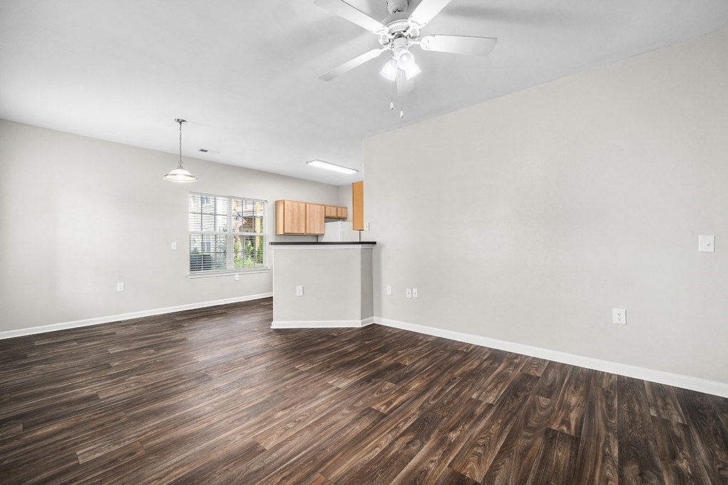 Kitchen Overlooking The Living Area With Wood-Style Floors
