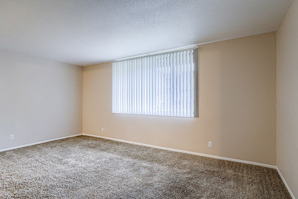 an empty living room with a window and carpet