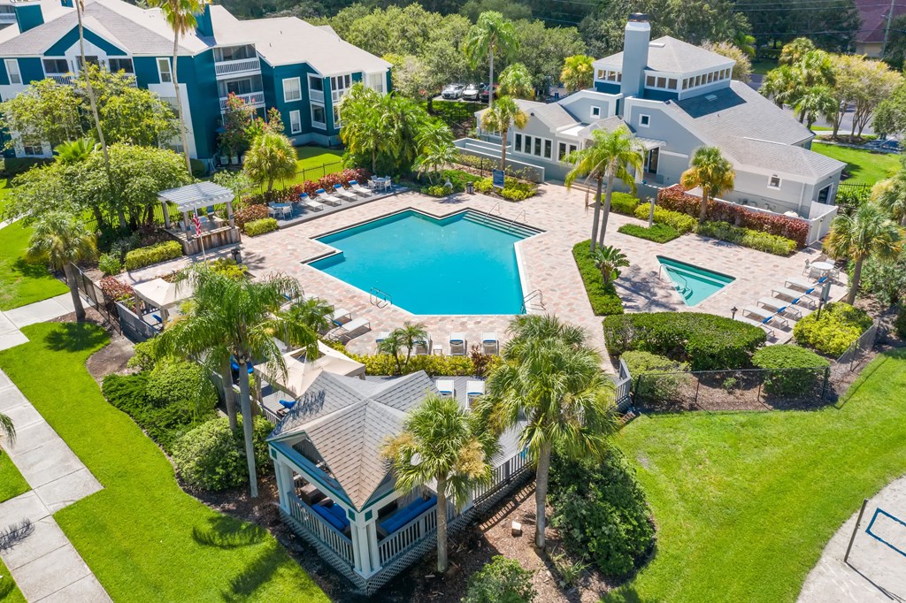 Aerial View Of The Pool, Sundeck & Clubhouse Area