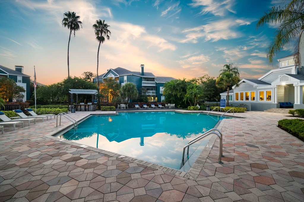 Resort-Style Pool & Sundeck At Twilight