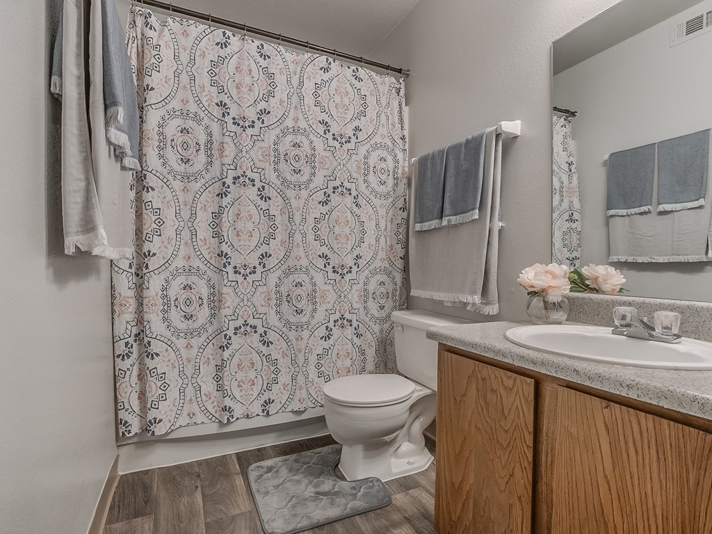 Bathroom Featuring Vanity & Wood-Style Flooring
