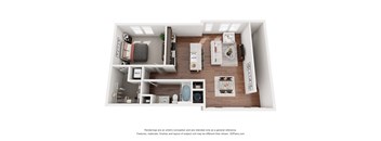 a stylized floor plan with a bedroom and a living room