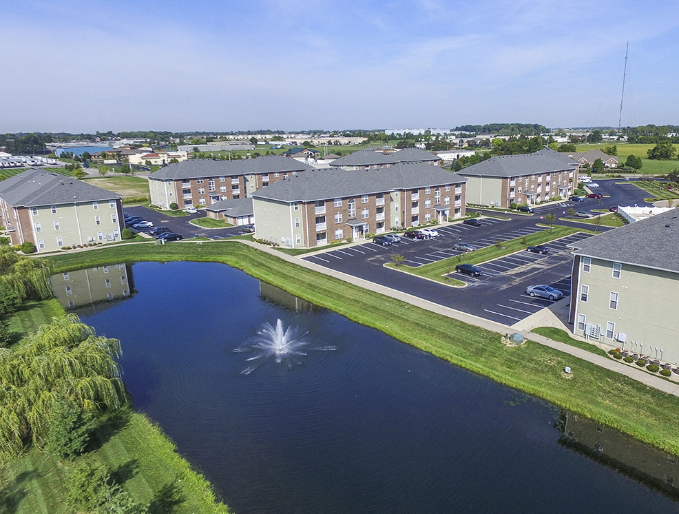 Ariel View of the Large Pond with Fountain