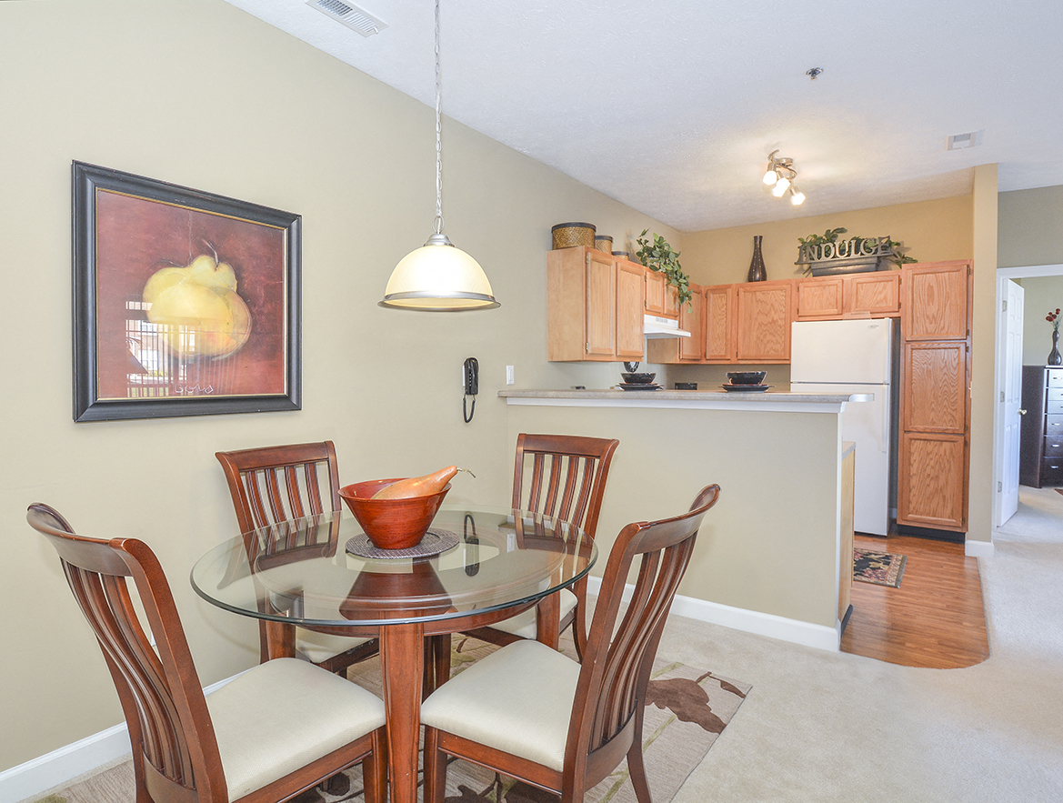 Open Concept Kitchen and Carpeted Dining Room with Overhead Light
