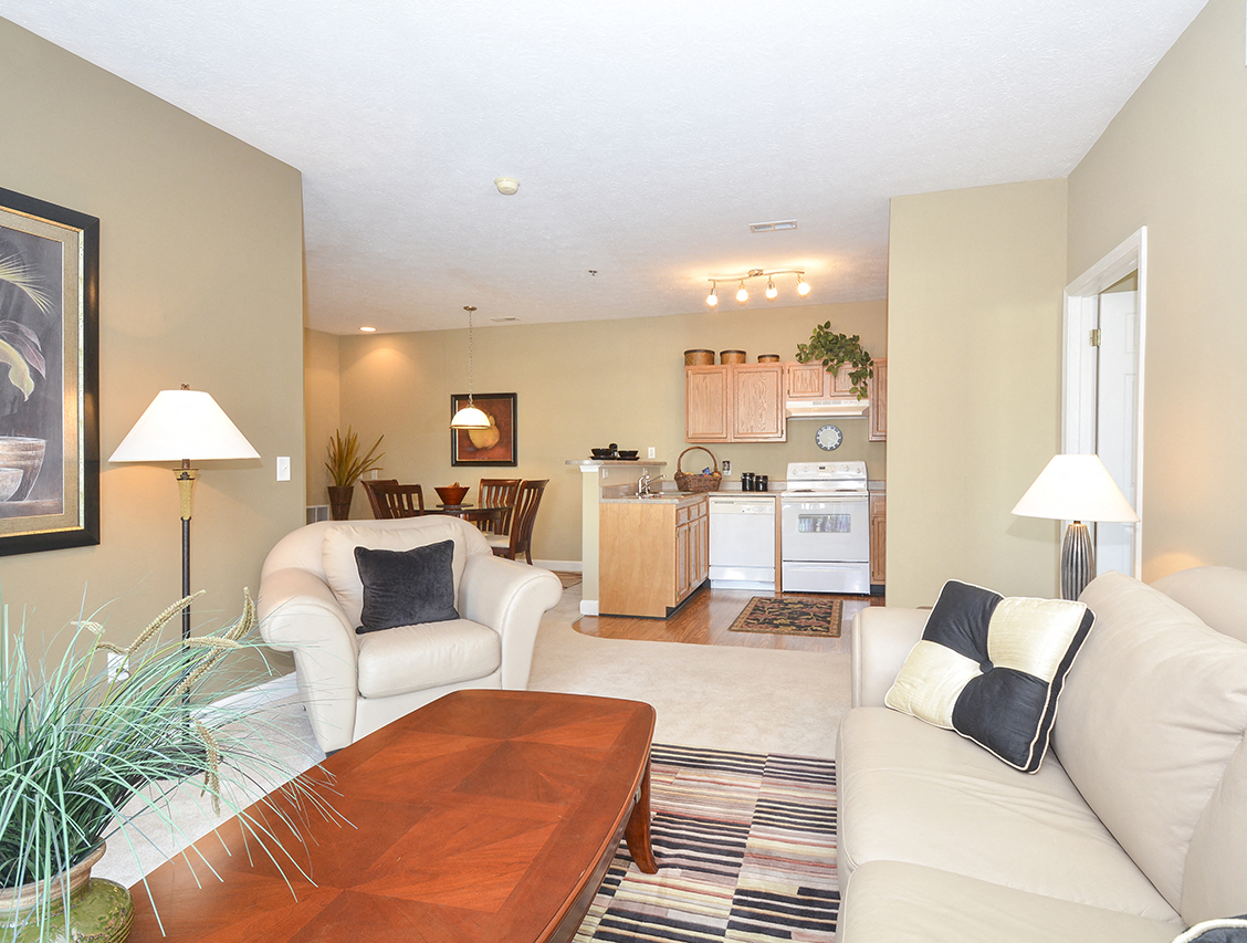 Spacious Carpeted Living Room with Beige Walls