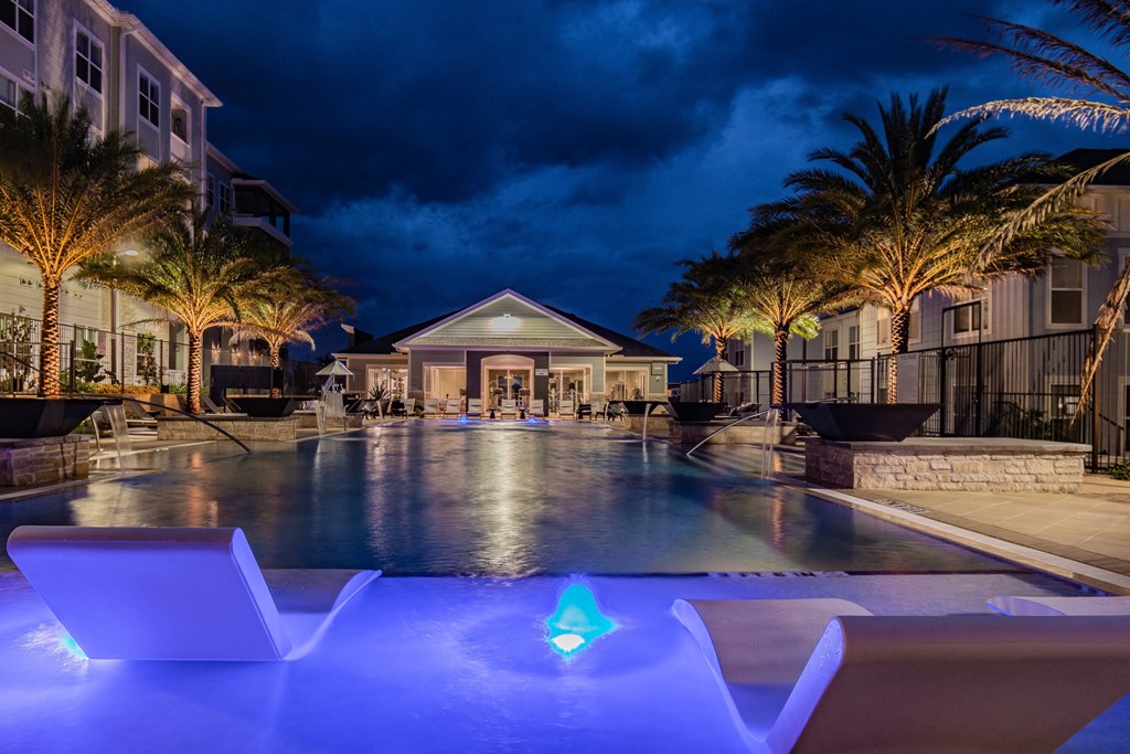 Zero-Entry Pool Lit Up At Night