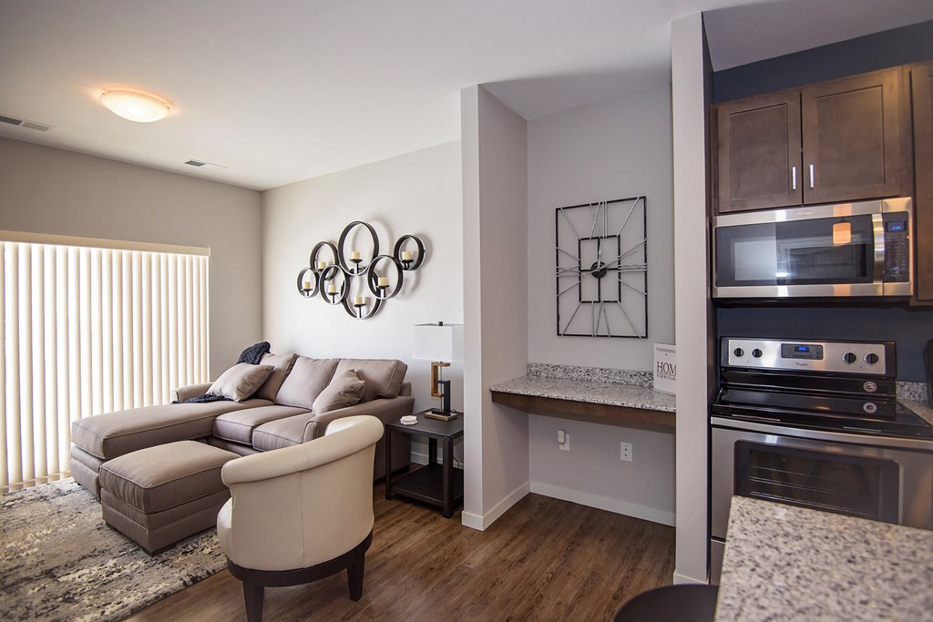 Open Concept Living Room and Kitchen with Built-In Wall Desk