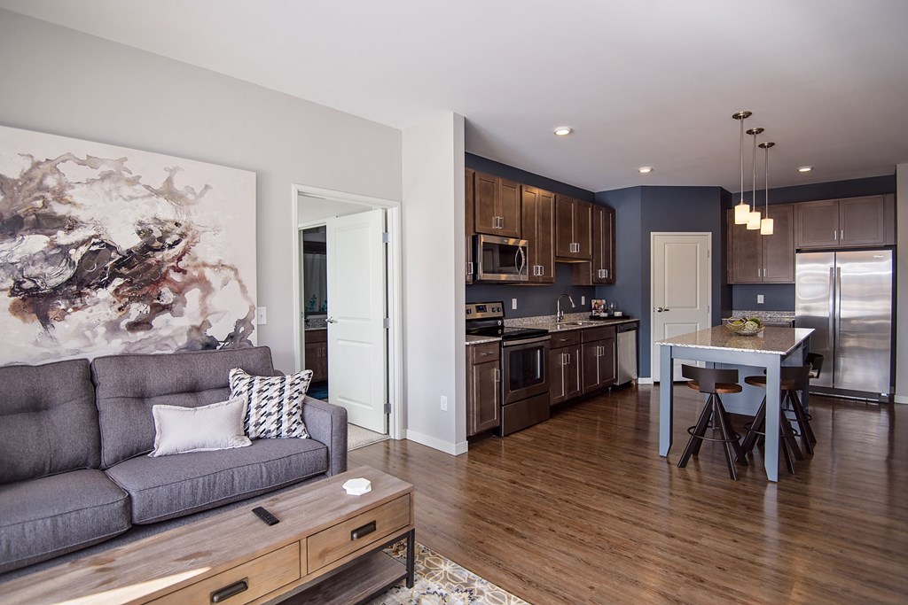 Open Concept Living with Wood Style Flooring Throughout the Kitchen and Living Room