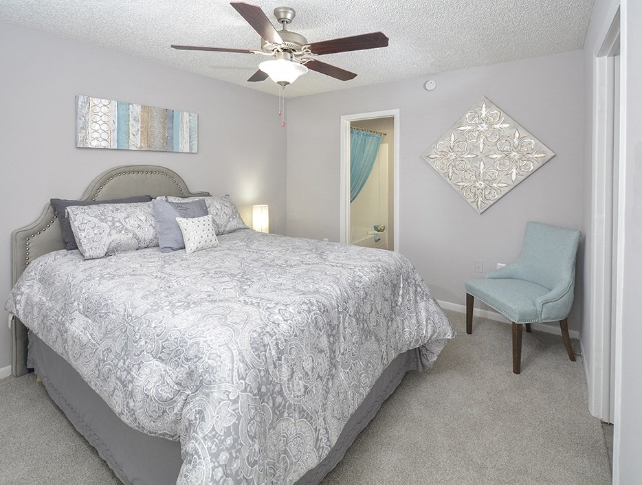 Bedroom with Plush Carpeting and Attached Bathroom