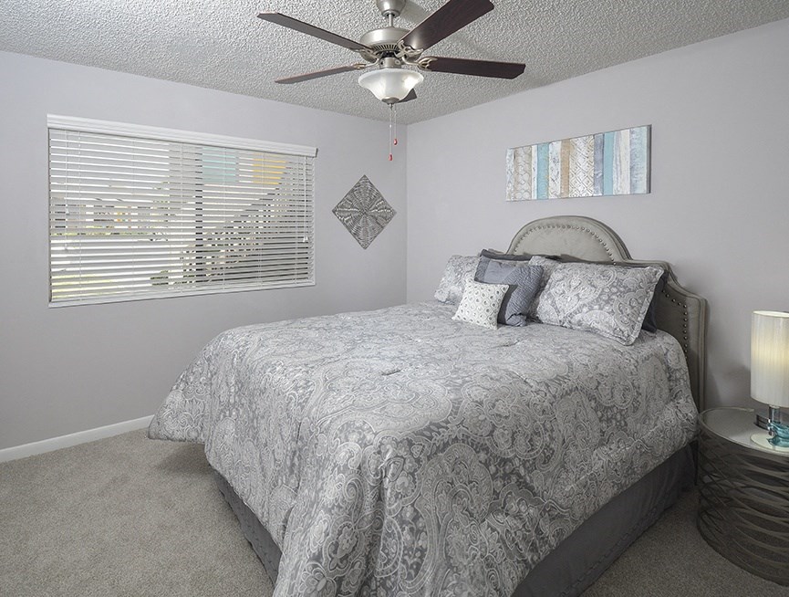 Spacious Bedroom with Ceiling Fan and Light